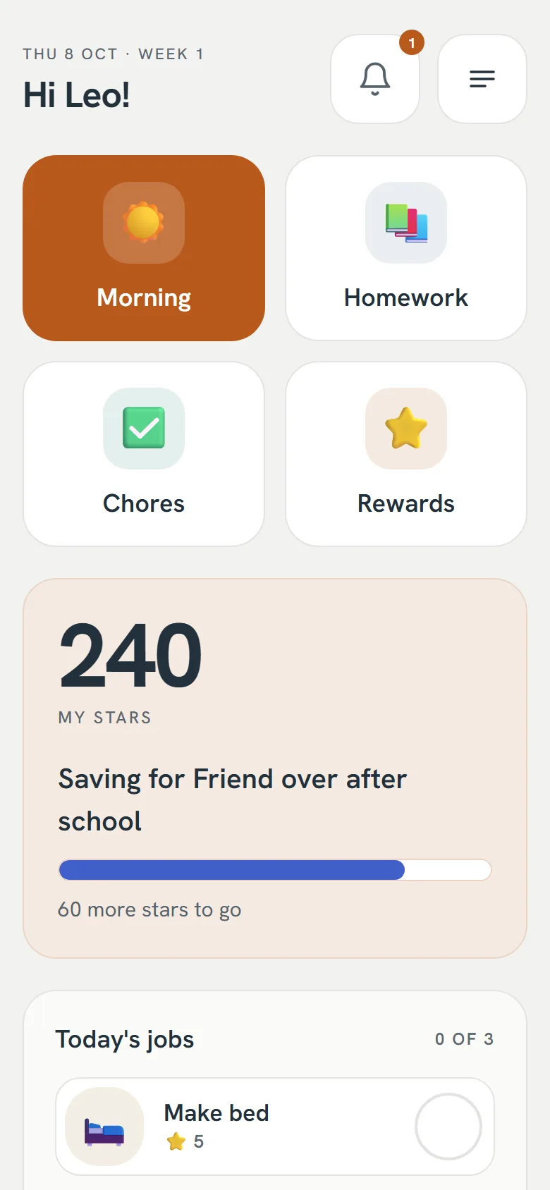 A child's home screen: Morning, Homework, Chores and Rewards, with 240 stars saved.