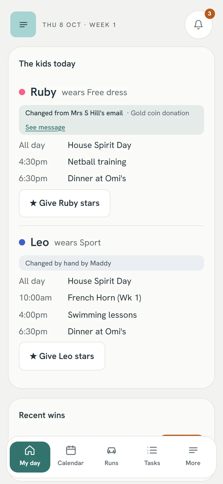 A grandparent's home screen: what each child is wearing and doing today, with a button to give stars.