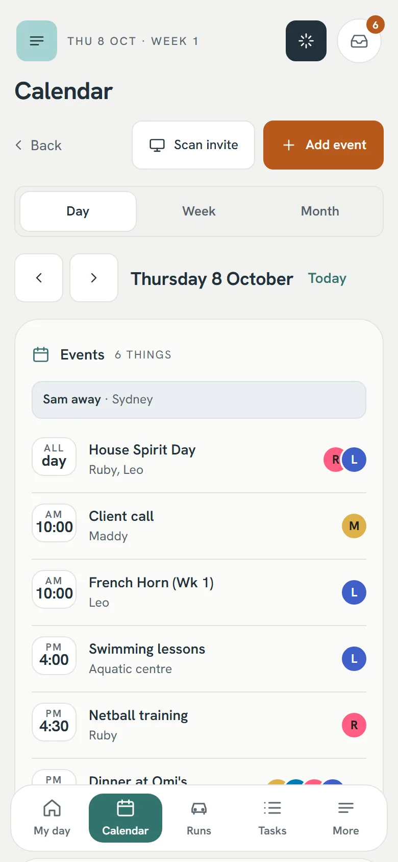 The family calendar for the day, with who each event is for.
