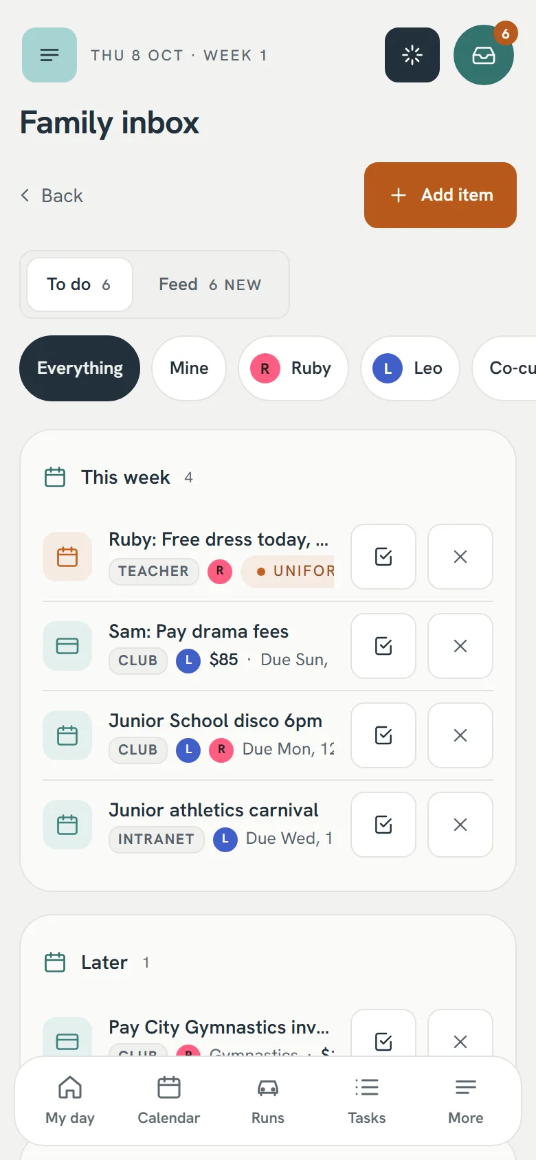 Family inbox: school and club items to act on this week, each tagged with its source.