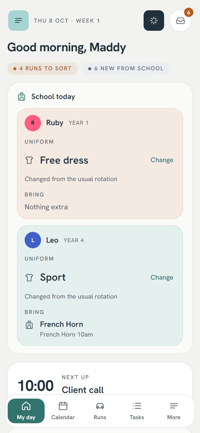 My day on a phone: each child's uniform and what to bring for school today.