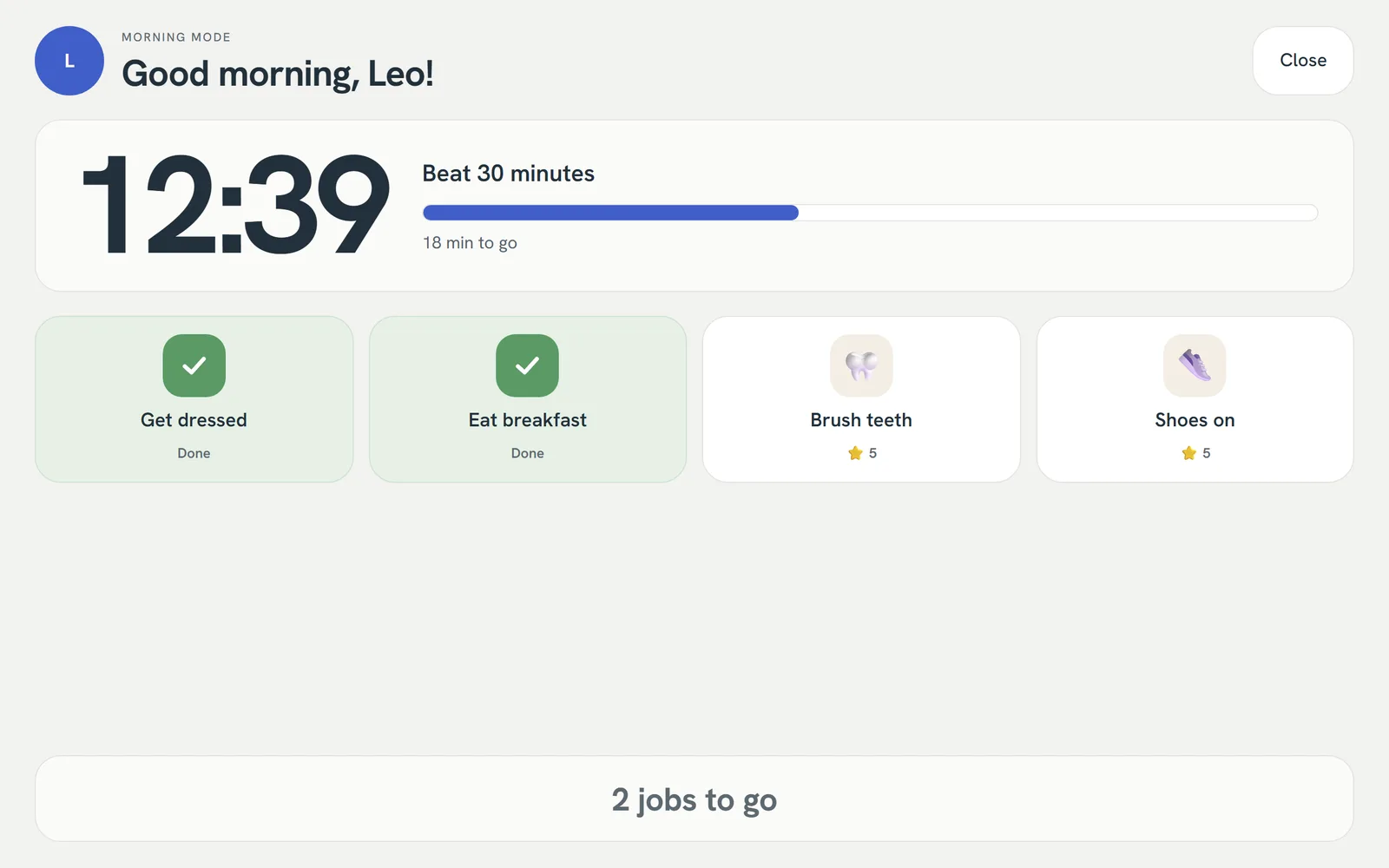 Morning Mode: a timer at 12 minutes 39, two jobs done and two to go.